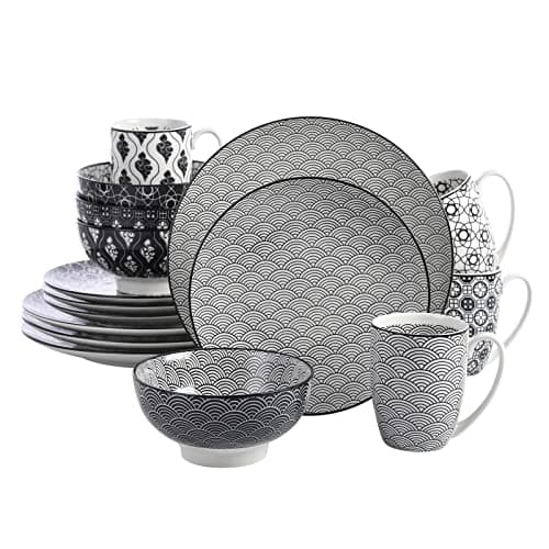 Image of Vancasso Haruka 16 Pieces Dinner Set Porcelain Hand Painted Japanese Style Grey Spot Dinner Service Set Crockery with 10.6" Dinner Plate 8.5" Dessert Plate 6" Bowl and 13 Ounce Mug, Service for 4
