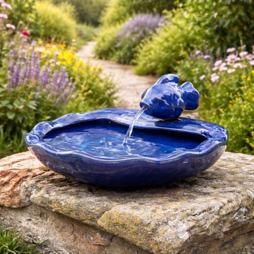 Image of Festive Lights - 37cm Solar Ceramic Fish Water Feature with Glazed Blue Finish - Outdoor Garden Fountain, IP44 Rated, Weather Resistant - Self-Contained, Easy Setup, 3m Lead Cable, No Mains Required