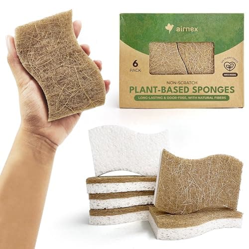 Image of AIRNEX Biodegradable Natural Sponge Pack of 6 - Cellulose and Coconut Cleaning Sponges Scrubbers for Washing Up - Eco Heavy Duty Non Scratch Kitchen Scourers Sponge Multipack for Dishes, Pots and Pans