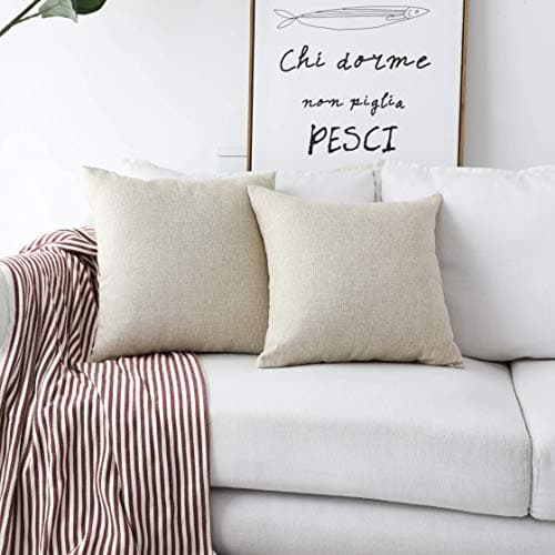Image of Home Brilliant Linen Cushion Covers 45cm x 45cm Set of 2 Burlap Decorative Pillow Covers Lined Linen Beige Cushion Cover for Living Room, 45x45 cm, Light Linen