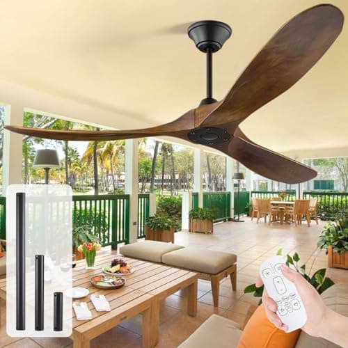 Image of MSHENUED 60 Inch Outdoor Ceiling Fan without Light, Rustic Wood Ceiling Fan with Remote, 6 Speeds Reversible DC Motor, Outdoor Ceiling Fans for Patios Waterproof, 3 Downrods, Timing function