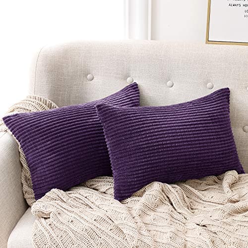 Image of Deconovo Set of 2 Home Decorative Corduroy Cushion Covers 30cm x 50cm, 12x20 Inches Grid Pillowcases Throw Pillow Casess, Rectangular Cushion Covers for Armchair(Grape, 2 Pieces)