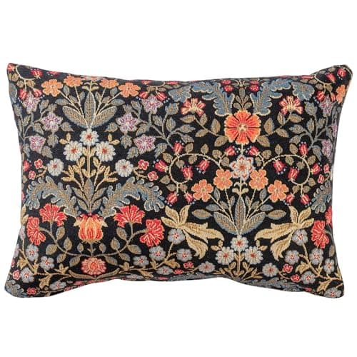 Image of Linen Loft Morris Style Leaves and Berries Boudoir Cushion in Deep Black. Signature Tapestry Fabric. 17x12 Rectangle Cushion Cover