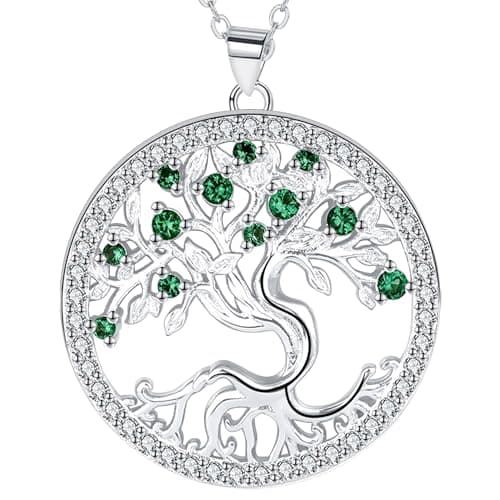 Image of JUZICHEN Tree of Life Necklace, Tree Of Life Women's Necklace, Sterling Silver Women's Necklace, Tree Of Life Necklace with Green Zirconia, Hypoallergenic, Comes In Gift Box, 1, Stainless Steel