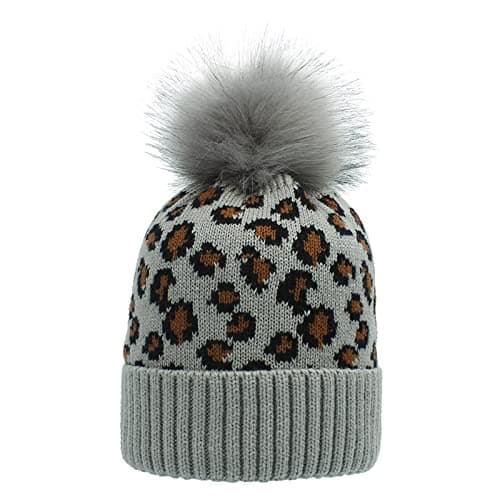 Image of Leopard Print Loose Wool Knit Beanie Hat Warm Big Ball Cap, gray, One Size
