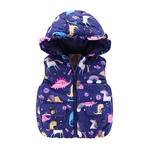 Image of Mud Kingdom Girls Vest for Toddler Girl Cartoon Pattern Hooded Gilet Zip Up Outwear Flap Pocket Unicorn Print Navy Blue 2 Years