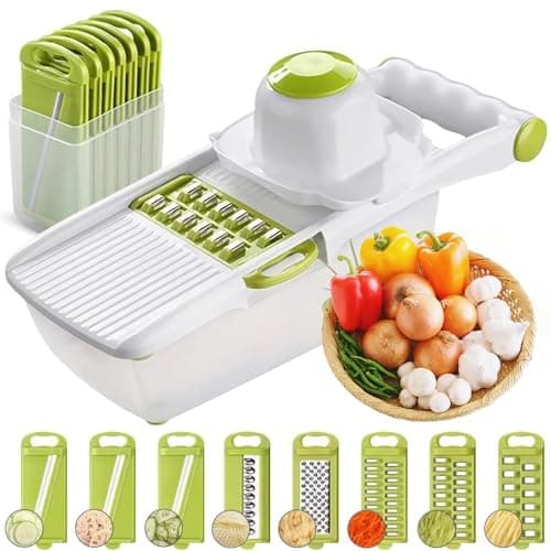 Image of Mandoline Vegetable Slicer, Multifunctional Vegetable Cutter, All in One Mandoline Food Slicer, Adjustable Stainless Steel Blades Vegetables Chopper for Potato, Cucumber, Salad with Safety Gloves