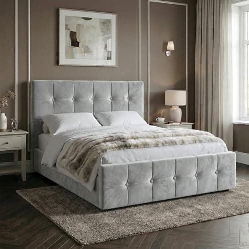 Image of Blisswood Upholstered Ottoman Bed, 4ft6 Double Bed Frame UKFR Velvet Light Grey Ottoman Storage Bed With Gas Lift End Opening Wooden Slats With Storage Bed (4ft6 Double, No Mattress)