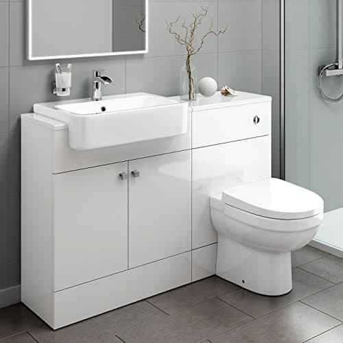 Image of Premium Gloss White Vanity Basin Unit + Back to Wall Toilet Storage Furniture Set MV2002