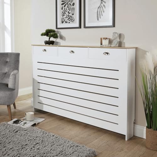 Image of Home Source Batley Radiator Cabinet with Drawer – White Radiator Cover with Sonoma Oak Shelf – Modern Slatted Front Design