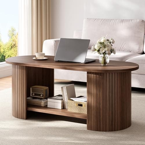 Image of oneinmil Coffee Table, Living Room Table with 2-Tier Storage, Thick Tabletop & Base, 108x50x45cm, for Living Room, Home Office, Small Space, Walnut
