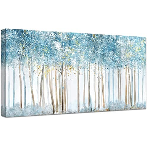 Image of Wooden Framed Large Canvas Wall Art Blue Foggy Forest Tree Painting Abstract Landscape Canvas Prints Poster Wall Artwork Pictures for Living Room Bedroom Restaurant Home Office Decoration 50x100cm
