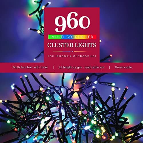 Image of Noma 960 LED Cluster Christmas Tree Lights : Green Cable : Multifunction : Plug-in with Timer : Multicoloured : 4921733