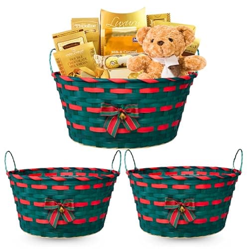 Image of ADEPTNA Set of 2 Hand Woven Wicker Christmas Baskets – 30cm Festive Striped Bamboo Hampers with Handles, Decorative Bow, Holly & Bell – Natural Storage & Gift Hampers for Xmas (GREEN)