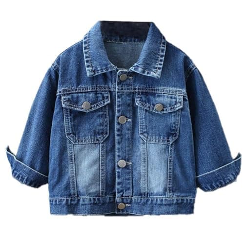 Image of AMhomely Girls Boys Unisex Kids Denim Jacket-Lapel Western Style Coats,Button Down,Vintage Distressed Cropped Jacket,Long Sleeve Casual Biker Trucker Coat with Breasted Pocket,Fall A Blue 7-8 Years