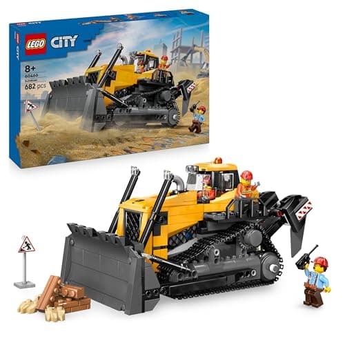 Image of LEGO City Yellow Bulldozer Toy - Large Construction Vehicle Building Set - incl. 3 Minifigures plus Loose Bricks & Road Signs - Birthday Gift for 8+ Year Old Boys - 60466