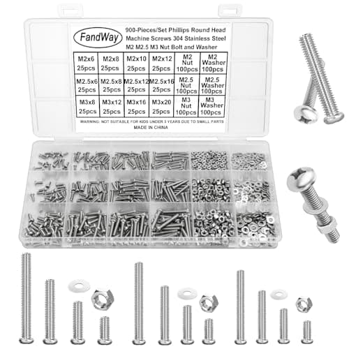 Image of FandWay 900Pcs Bolts and Nuts Set,M2 M2.5 M3 Pan Head Machine Screws DIN 7985,Cross Round Head Screws,304 Stainless Steel Bolts and Washers Set Phillips Drive Fully Threaded With Storage Box.