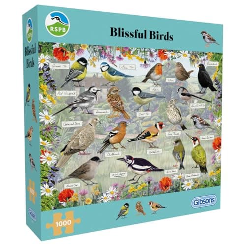 Image of Gibsons RSPB Blissful Birds 1000 Piece Jigsaw Puzzle for Adults – Featuring Beautiful Garden Birds & Floral Artwork by Fiona Osbaldstone - Premium Sustainable Puzzle Made in the UK/EU