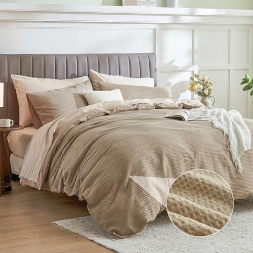 Image of Simple&Opulence Waffle Duvet Cover Double Size, 100% Cotton Waffle Bedding with 2 Pillowcases, Soft Breathable Seersucker Quilt Cover Set, Hidden Button Closure (200x200cm,Khaki)