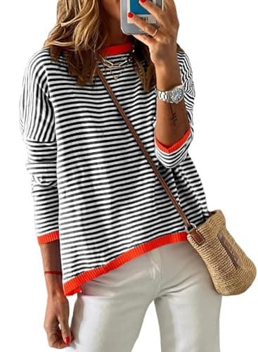 Image of Cuptacc Jumpers for Women UK Striped Long Sleeve Top Cotton Women's Sweatshirt Lovely Top Black L 16-18