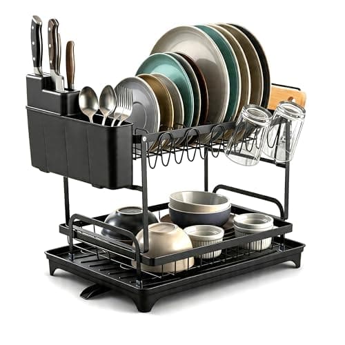 Image of Crystals 2 Tier Dish Drainer Rack with Drip Tray & Cutlery Holder – Kitchen Sink Plate Drying Rack, Space Saving Countertop Organiser, Durable Metal Dish Rack for Plates, Bowls & Utensils