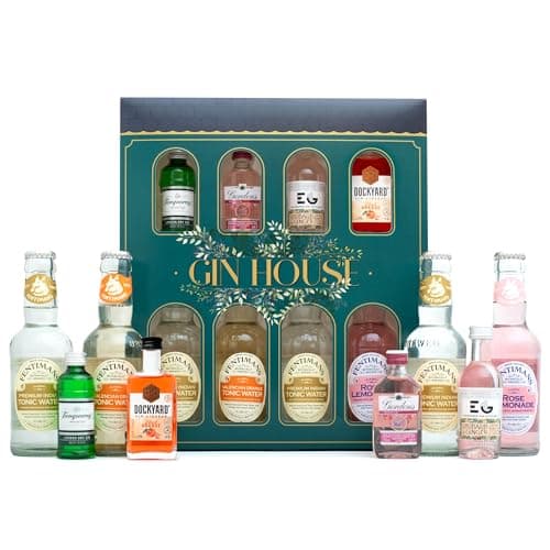 Image of Flavoured Gin Gift Set - Premium 4x5cl Gordons Pink, Edinburgh Rhubarb and Ginger, Tanqueray, Dockyard Orange, 4x125ml Fentimans Tonic Cocktail Mixers - Gin Gifts for Women, Men, Birthday, Fathers Day