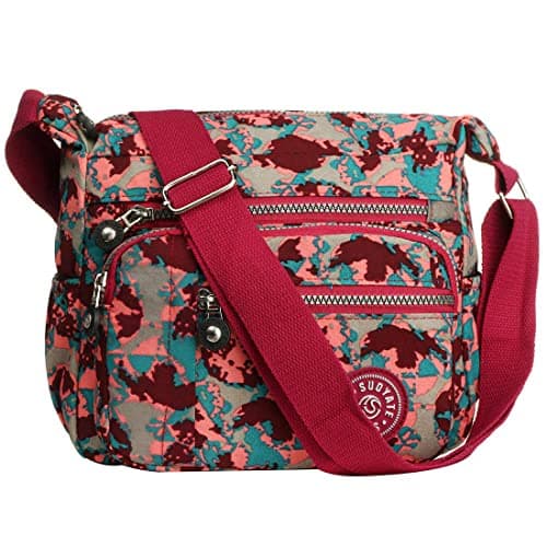 Image of Womens Multi Pocket Casual Canvas Crossbody Bag Travel Purse Messenger Handbag for Shopping Hiking Daily Use (Camo red)