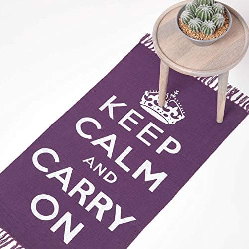 Image of HOMESCAPES Rugs For Bedroom, Handwoven 'Keep Calm and Carry On' Nostalgic Purple & White Living Room Area Rug, Ultra Soft 100% Cotton Carpet, Hand Block Printed - 60 x 100 cm
