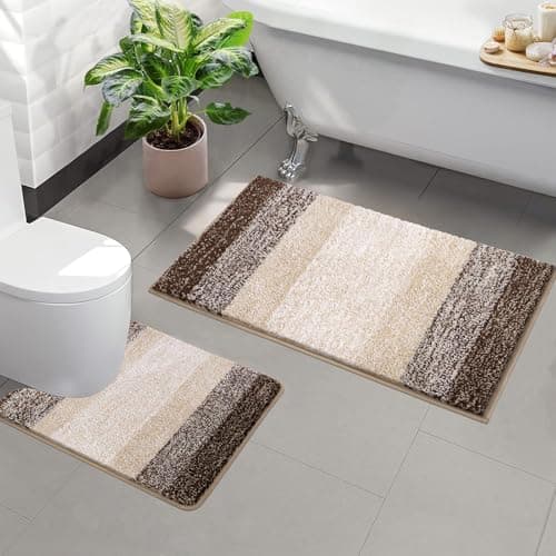Image of Enyhom Soft Bathroom Mat Set - 2 Piece Water Absorbent Bath Mats and Toilet Mat Set, Non Slip, Machine Washable, Coffee