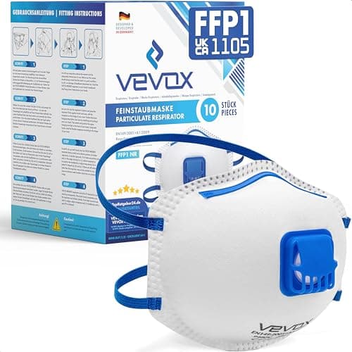 Image of VEVOX® FFP1 Dust Mask - Set of 10 - Valved Face Masks - Respirator - Protection e.g. for Construction, Building Work, Sanding, Woodworking, Fine Dusts, Aersoles or Particles