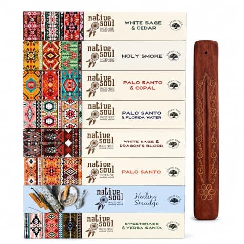 Image of Green Tree Native Soul Incense Smudge Sticks Gift Set, 8 Scents with Wooden Ash Catcher, Palo Santo, White Sage, Healing Smudge, Meditation