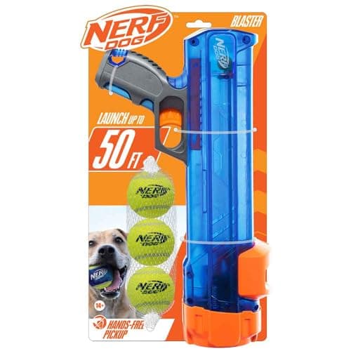 Image of Nerf Dog Compact Tennis Ball Blaster Gift Set with 3 Balls, Great for Fetch, Hands-Free Reload, Launches up to 50 ft, Single Unit, Includes 3 Nerf Balls