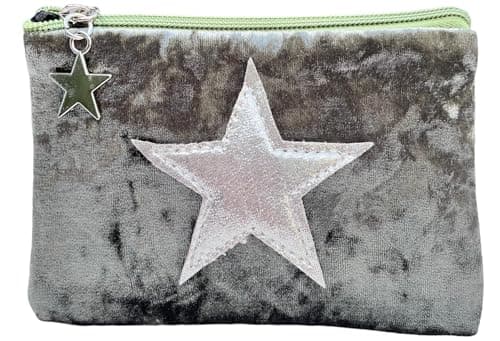 Image of Small Zip Top Velvet Coin Purse with Star for Coins (Green)