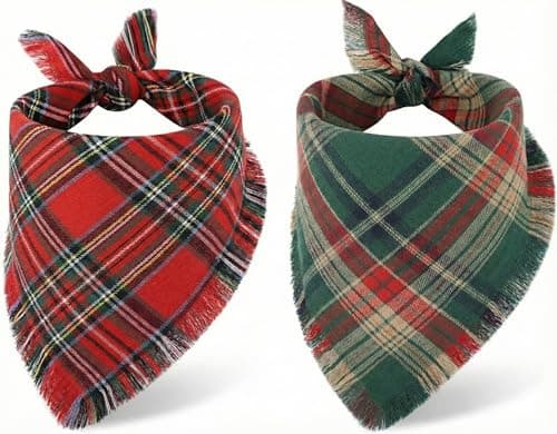 Image of 2 Pack Tartan Dog Bandana, Classic Plaid Fringed Kerchief – Lightweight, Perfect for any weather, 100% Cotton Dog Accessories for Small & Medium Dogs (Red & Green Set)