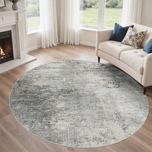 Image of BEIMO Circle Rugs Living Room 160cm, Modern Area Rugs, Machine Washable Bedside Rugs, Non-Slip Carpet, Low Pile, Non-Shedding, Distressed Finish Printed Design, Grey and Beige
