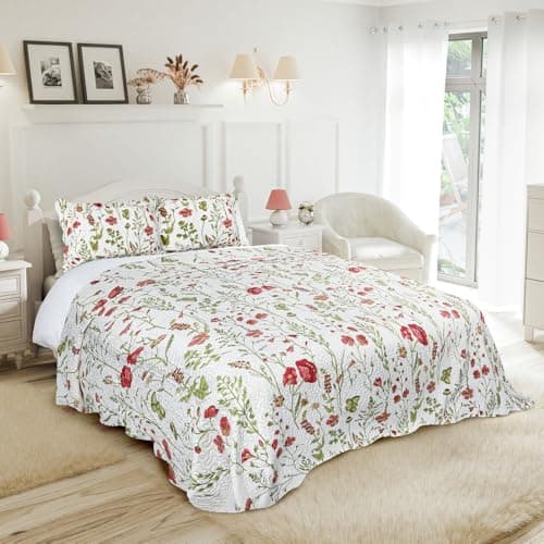 Image of Emma Barclay Poppies Quilted Bedspread Throwover Floral White Poppy Bedding (King)