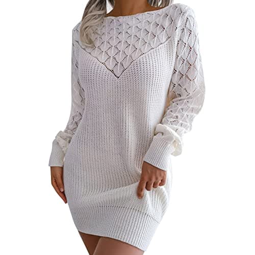 Image of Generisch Elegant Long Dresses Women's Knit, Turtleneck, Long Puff Sleeves, Ribbed Knit, Short Dress Dresses by Women, White, L