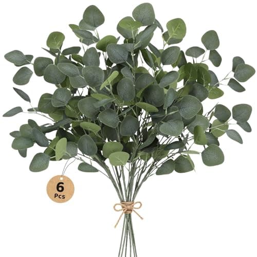 Image of Artificial Eucalyptus Stems 6 Pcs Fake Flowers, 90cm Fake Eucalyptus Stems & Apple Leaf Branches, Artificial Flowers Indoor Artificial Greenery for Tall Vase Home Decoration