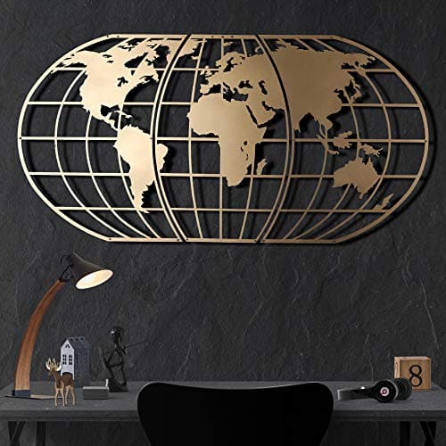 Image of Tubibu Modern Wall Art, 100% Metal - Metalic WORLD MAP GLOBE, Size (23.6" x 47.2") - Wall Hanging for Living Room, Bedroom, Dorm (Gold)