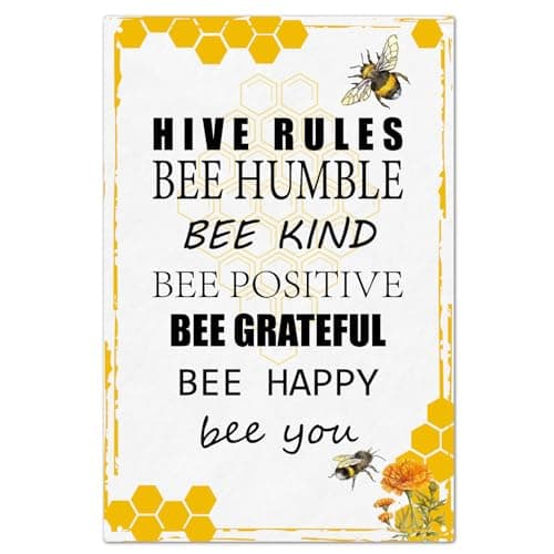Image of CREATCABIN Hive Rules Sign Vintage Bee Metal Tin Sign Wall Decor Retro Painting Poster Plaque Iron Decoration Art Mural Hanging Gift for Living Room Home Kitchen Bar Room Cafe Garden Pub 12 x 8 Inch