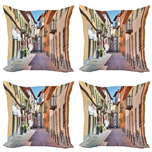 Image of ABAKUHAUS City Throw Pillow Cushion Case Pack of 4, Alba Town Italy Street, Modern Accent Double-sided Digital Printing, 40 cm x 40 cm, Multicolor