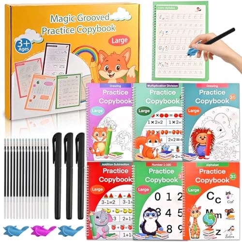 Image of 6 Reusable Handwriting Practice Books for Kids Ages 3-8 - Large Magic Grooved Workbooks with Pens | Letter & Number Tracing, Drawing & Maths | Preschool & Reception Set - 26 x 18.5cm