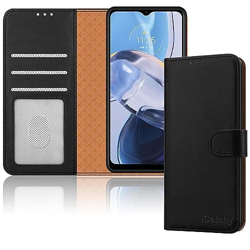 Image of iCatchy for Motorola Moto E22 Case, Leather Wallet Book Flip Folio Stand View Magnetic Protect RFID Blocking Cover compatible with Motorola E22 Phone (Black)