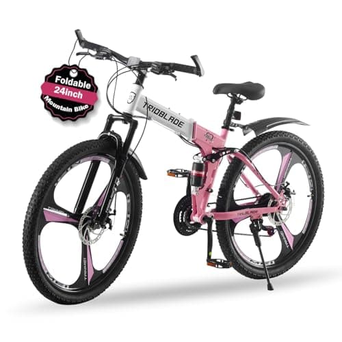 Image of TRIOBLADE 24/26/27.5'' Folding Mountain Bike 21Speed Foldable Mountain Bicycle with Dual Disc Brakes 3 Spoke Wheels Mountain Bikes Dual Suspension Design for Adult Men Women (Black&Pink, 24inch)