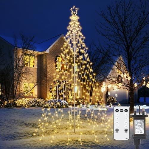 Image of Joomer Christmas Tree Lights Topper Star, Height 7.5ft 274 LED Outdoor Christmas Lights Mains Powered with Remote Control, 8 Modes Dimmable Timer String Lights for Garden Lawn Xmas Decor(Warm White)