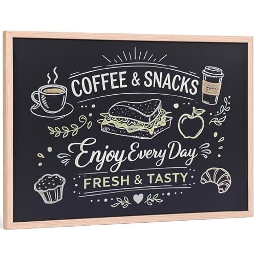 Image of Chalkboard Blackboard Wall Mounted with Oak Colour Frame - Wooden Writing Board for Kitchen, Home, Office, Café, Restaurant, School & Menu Display (60x44cm)
