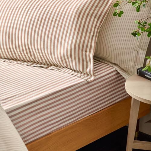 Image of Furn. Yard Hebden 100% Cotton Striped Fitted Bed Sheet – Soft Textured Mélange Design (Pecan – Double)