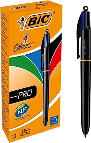 Image of BIC 4 Colours Pro Multi Pen, Multi Coloured Pens All In One, Retractable Ballpoint Pen, Medium 1.0mm, Green, Blue, Red, Black, 12 Pens Per Pack, 1 Pack