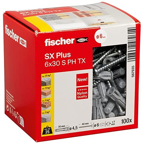 Image of fischer Expansion dowels SX Plus 6 x 30 S PH, Box of 100 Nylon dowels and Matching Screws, dowels for Optimal Hold for fixings in Concrete, Solid Brick, aerated Concrete, Perforated Bricks and Much