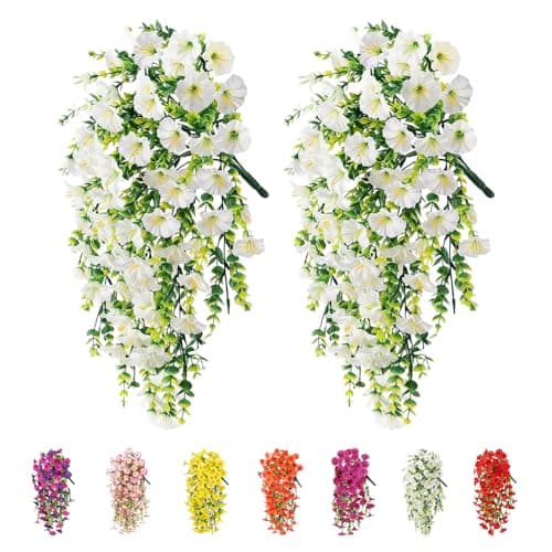 Image of 2Pcs Artificial Hanging Flowers Outdoor, Fake Trailing Plants Morning Glory Decoration UV-Resistant for Hanging Baskets - Spring Decor Garden Porch Wedding , Drooping Design for Pots & Patio (White)
